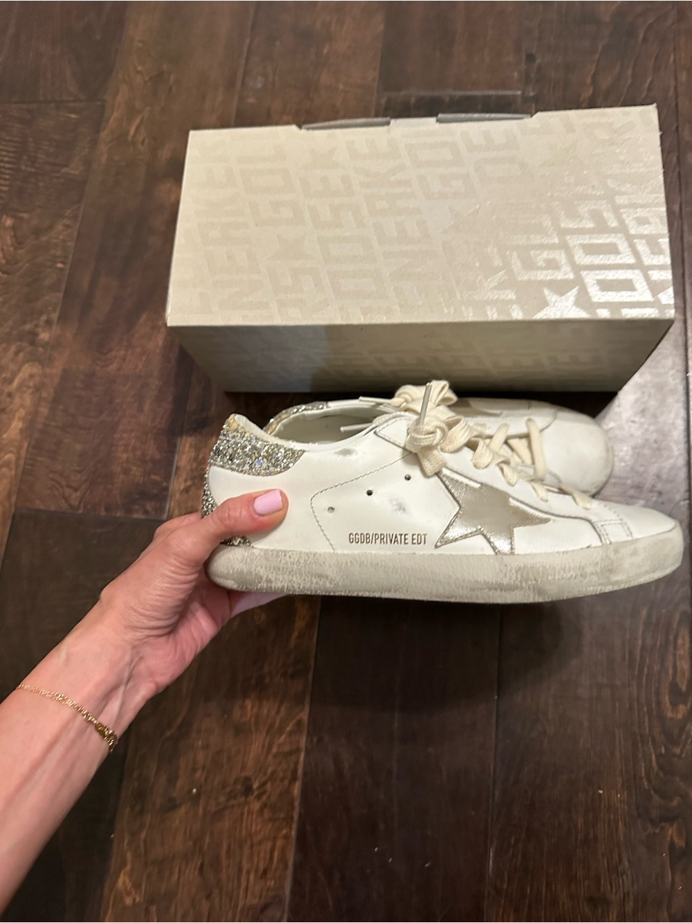 SOLD-Golden Goose Off-White Superstar Sneakers Silver Star and Glitter Heel SOLD